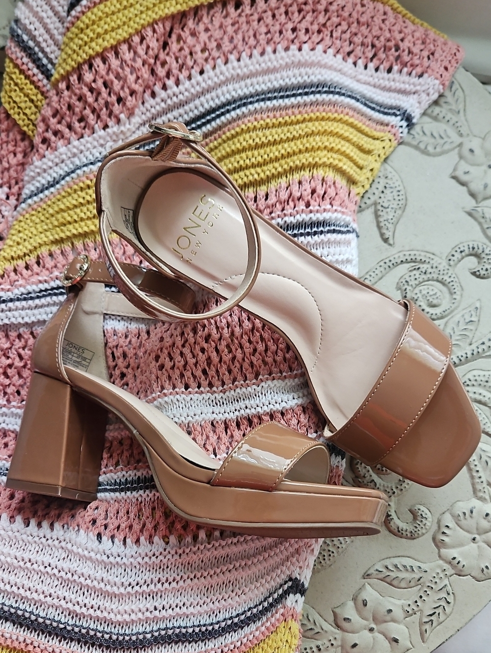 Jones New York Patent Nude Block Heel Sandals with Ankle Strap